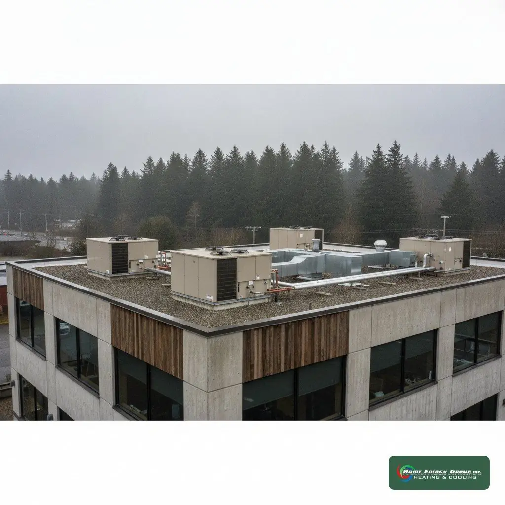 Home Energy Group technicians installing a rooftop packaged HVAC unit